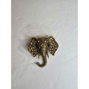 Gold Tone Elephant Brooch Black Rhinestone Eyes Golden Rhinestone Ears